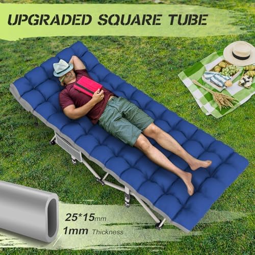 Suteck Camping Cot, Folding Camping Cot Bed for Adults Sleeping 1200D Double Layer Oxford Portable Folding Outdoor Cots for Camping W/Soft Pad Carry Bag for Home Office Nap Beach Travel, Stripe Blue