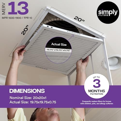 Simply 20x20x1 Air Filter, Merv 13, MPR 1500, 6 Pack, For Home AC Furnace & HVAC (Actual Size: 19.75"x19.75"x0.75") DUST, Pet, & Allergy Control