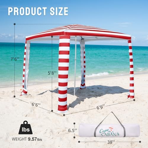 CROWN SHADES Beach Cabana 6.5 x 6.5, Cool Cabana Beach Tent Easy Pop Up - Beach Cabanas for Sand - UPF50+ Protection with Sidewall and More Pockets, Red