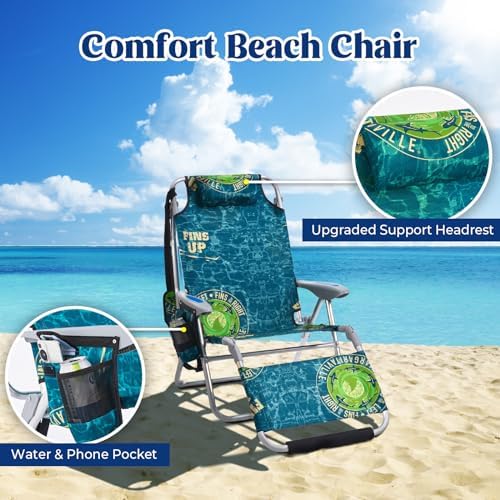 Portable Camping Beach Chair for Adults, Outdoor Lay Flat Beach Lounge Chair Folding Chairs with Footrest, Backpack Chair with Towel Bar, Cooler Pouch, Cup Holder, Geometric Green