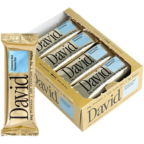 David Protein Bar, Cinnamon Roll, Pack of 12 Protein Bars | 28g of Protein | 150 Calories | 0g of Sugar - High Protein, Low Carb, Gluten Free Protein Bar
