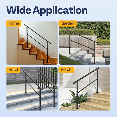 VIVOHOME 2-Pack 4 Step Hand Rails for Outdoor Steps, Wrought Iron Railing, Black Oval Exterior Hand Railing for Porch, Deck, or Indoor Stairs, Railing Kit