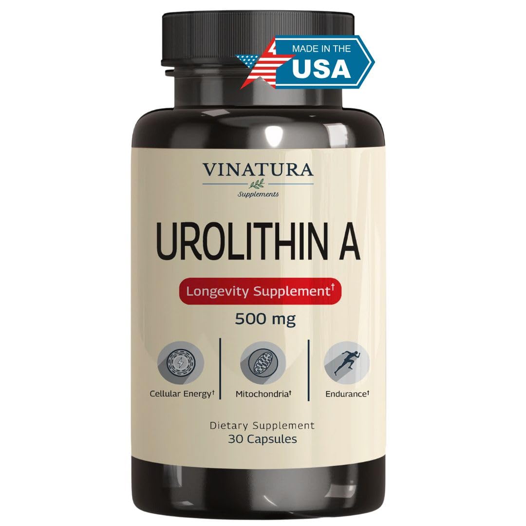 VINATURA Urolithin A Supplement 500mg - Urolithin A+ for Powerful Antioxidants, Anti Aging and Mitochondrial Support, 30 Capsules