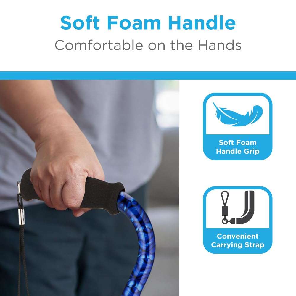 NOVA Medical Products Sugarcane, Walking Cane with All Terrain Rubber Quad Tip Base and Carrying Strap, Waves Design, Blue Rain