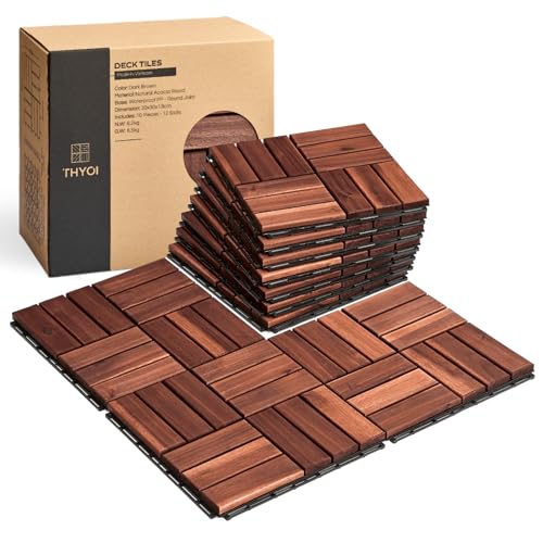 10 Pcs Interlocking Deck Tiles, Patio Flooring - Outdoor Waterproof Acacia Wood Tiles for All Weather Use - Balcony, Backyard, Indoor & Outdoor (Dark Brown, 10 Pcs - 12.1 Square Ft)