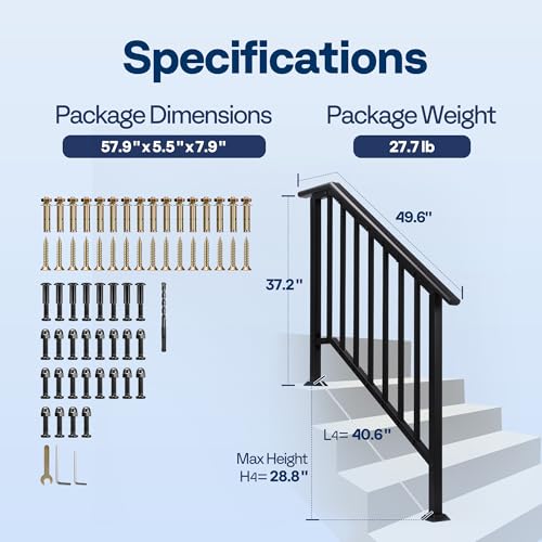 VIVOHOME 2-Pack Wrought Iron Hand Rails for Outdoor Steps – 40.6" Black Oval and Safety Balusters Exterior Railing Kit for Porch, Deck, or Indoor Stairs (4-Step, Black)