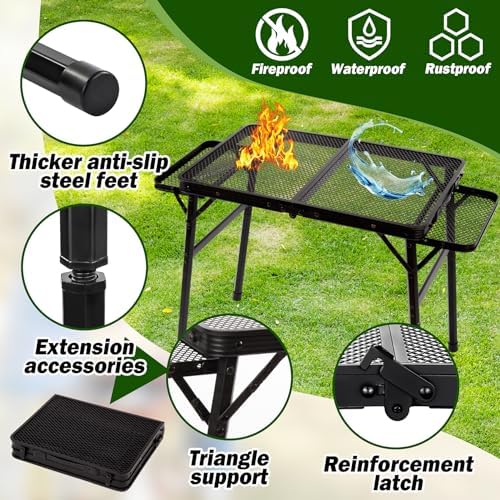 Grill Table Camping Table with 2 Wing Panels, Mesh Metal Folding Grill Table Height Adjustable & Lightweight & Portable Table for Outdoor Indoor Picnic, Camping, Beach and BBQ, RV