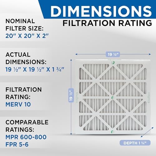 Glasfloss 20x20x2 MERV 10 (FPR 5-6) 2" Inch Pleated Air Filters Box of 6. Actual Size: 19-1/2 x 19-1/2 x 1-3/4