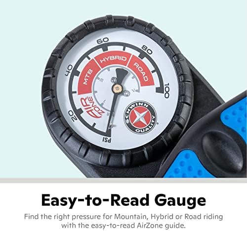 Schwinn Basic and Air Center Floor Bike Pump, Up to 120 Max PSI, Dual Head Fits Schrader and Presta Valve Types, Easy-to-Carry Portable and Convenient Design, Bicycle Essentials for Easy Road Riding