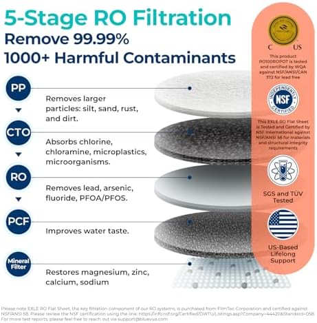 Bluevua RO100ROPOT Reverse Osmosis System Countertop Water Filter, 4 Stage Purification, Counter RO Filtration, 2:1 Pure to Drain, Purified Tap Water, Portable Water Purifier for Home