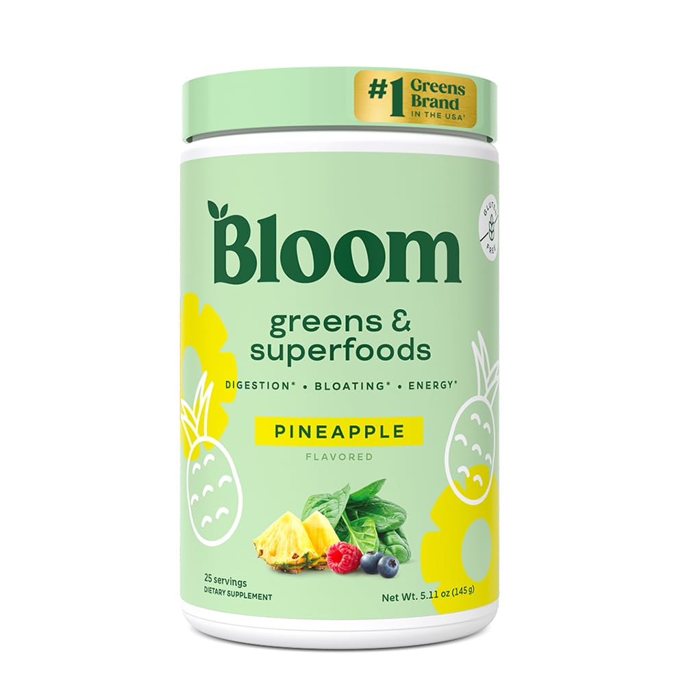 Bloom Nutrition Superfood Greens Powder, Digestive Enzymes with Probiotics and Prebiotics, Gut Health, Bloating Relief for Women, Chlorella, Green Juice Mix with Beet Root Powder, 25 SVG, Pineapple