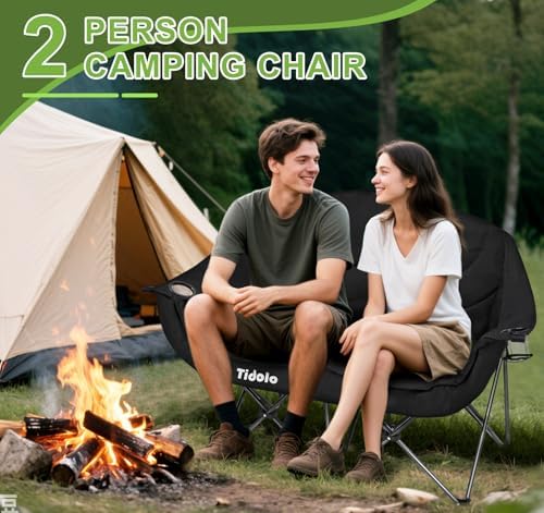 Double Camping Chairs, Oversized Loveseat Camping Chairs for Adults, Outdoor Folding Chairs Lawn Chairs Camping Couch with Cup Holder & Wine Glass Holder for Outside - Support 600Lbs (Black)