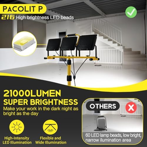 21000Lumen LED Work Lights with Stand: 3 Head Adjustable Work Light with Individual Switch - IP66 Waterproof Foldable Tripod Worklight with 16.4FT Cord for Indoor Outdoor Portable Lighting