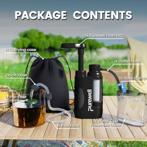 Purewell Water Purifier Pump with Replaceable Carbon 0.01 Micron Water Filter, 4 Filter Stages, Portable Outdoor Emergency and Survival Gear - Camping, Hiking, Backpacking