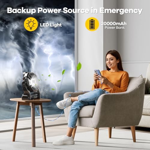 20000mAh Solar Fan with LED Lantern, 10W Solar Panel Rechargeable Battery Powered Camping Fan for Outside, 9 Inch Portable Battery Operated Power Bank for Picnic, Barbecue, Fishing, Travel