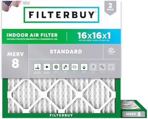 Filterbuy 16x16x1 Air Filter MERV 8 Dust Defense (2-Pack), Pleated HVAC AC Furnace Air Filters Replacement (Actual Size: 15.75 x 15.75 x 0.75 Inches)
