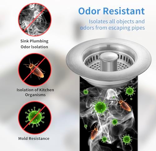 Upgraded 3 in 1 Kitchen Sink Drain Strainer - Stainless Steel Sink Stopper, Anti-Clogging Sink Food Catcher Basket, Fast Drainage Odor Filter Sink Plug for US Standard 3 1/2 inch Drain (Silver-2Pack)