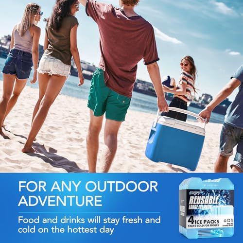 Jumbo Reusable Ice Packs for Cooler with Handle (4 Pack) Long Lasting Coolness, BPA Free, Freezer Packs for Extended Cooling | Cooler Ice Packs for Camping, Fishing, Hiking, Beach
