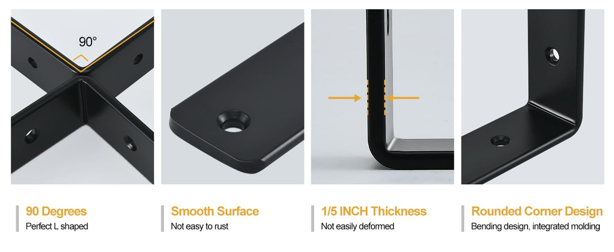 4 Pack - L 6" x H 4" x W1.5, 5mm Thick Black L Shelf Bracket, Iron Shelf Brackets, Metal Shelf Brackets, Floating Shelf, Shelf Supports with Screws