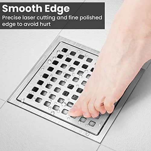 EXF 6 Inch Square Shower Drain Brushed Nickel, Stainless Steel Shower Floor Drain Kit with ABS Flange, Removable Grid Cover, Hair Strainer