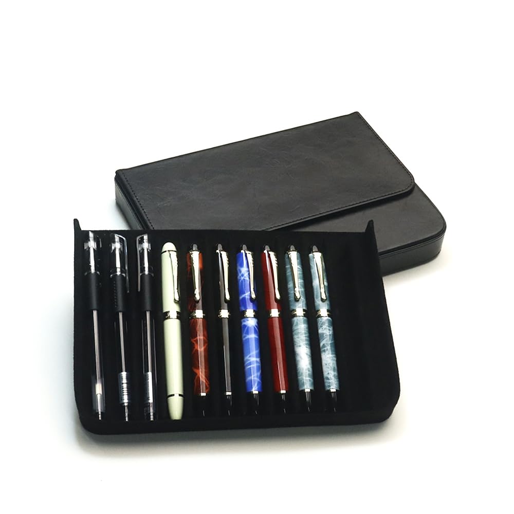 MIVLXLX Leather 12 Fountain Pen/Pencil Tray Case Organizer, Fashion Design, Handmade, Magnetic Closure with Drawer, Christmas Gift for Man/Woman/Office, 12 Slots(black)