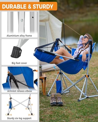 KingCamp Hammock Chair with Footrest, Swinging Portable Folding Camping Chairs for Adults 400lbs Heavy Duty Foldable Oversized Rocker with Cup Holder Pillow for Outdoor Beach Patio Sport Lawn