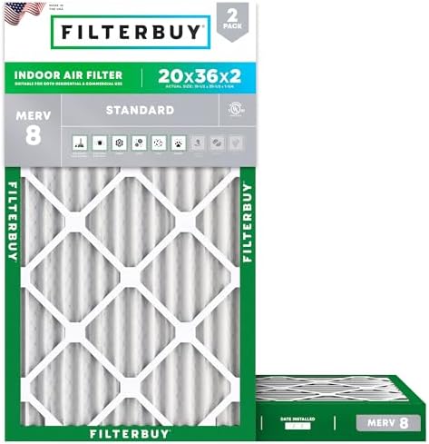 Filterbuy 20x36x2 Air Filter MERV 8 Dust Defense (2-Pack), Pleated HVAC AC Furnace Air Filters Replacement (Actual Size: 19.50 x 35.50 x 1.75 Inches)