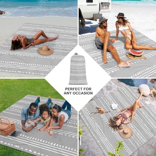 78''×86'' Large Beach Blanket for 4 Adults, Outdoor Beach Mat Sand Proof Waterproof with 4 Stakes & 4 Corner Pockets, Polyester Lightweight Comapct Grey Picnic Mat for Travel, Camping, Hiking