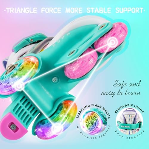 SULIFEEL Rainbow Unicorn 4 Size Adjustable Light up Roller Skates for Girls Boys for Kids