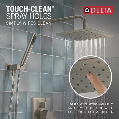 Delta Faucet Modern Raincan 2-Setting Shower Square System Including Rain Shower Head and Handheld Spray Brushed Nickel, Rainfall Shower System Brushed Nickel, Spotshield Stainless 342701-SP