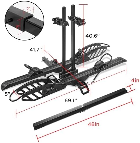E-Bike Rack with Ramp, Hitch 2 Bike Rack, 200 lbs Capacity Electric Bike Carrier, Foldable Platform Mount for Cars, Trucks, SUVs, Minivans, Up to 5-Inch Fat Tire for 2'' Receiver