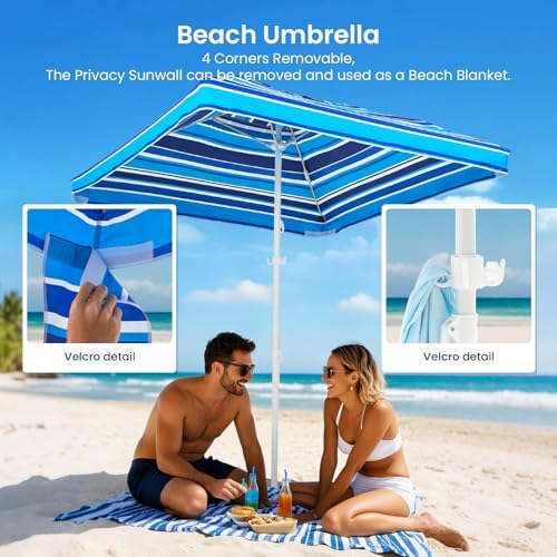 Grandekor Beach Cabana 6'×6' Beach Canopy with Sand Anchor Sidewall Hanging Hook UPF 50+ UV Beach Umbrella Portable Cool Cabana Beach Easy Set up and Take Down with Sand Pockets