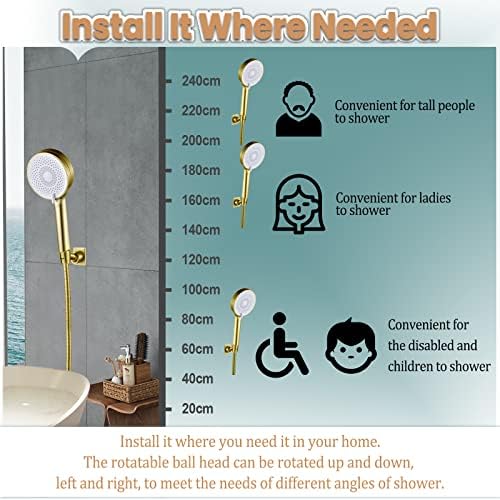 Shower Head Holder Handheld Shower Wand Holder Adjustable Shower Head Bracket Shower Wall Mount Holder, Brushed Brass/Gold Finish, Drill Free Glue Installation