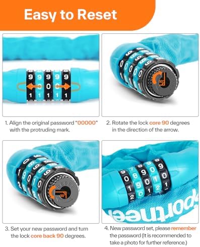 Sportneer Bike Lock: 5 Digit Combination High Security Anti Theft Bike Chain Lock - 3.2/3.6/4ft Heavy Duty Keyless Bicycle Lock for Bike, Motorcycle, Scooter, Door & Gate - 4/6mm Thick, Easy to Use