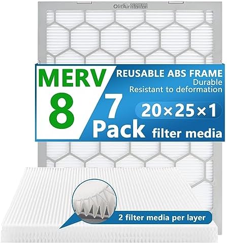 20x25x1 MERV 8 Air Filter,AC Furnace Air Filter,Reusable ABS Plastic Frame, 7 Pack Replaceable Filter Media (Actual Size: 19 3/4" x 24 3/4" x 3/4")