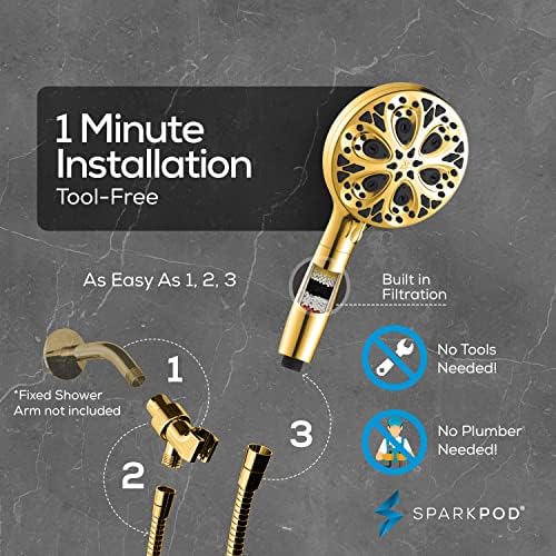 SparkPod 10-Mode Handheld Shower Head with Filter - 5" High Pressure Filtered Shower Head with Touch-to-Clean Nozzles, Built-In Power Jet, Stainless Steel 6ft Hose & Bracket (Egyptian Gold)