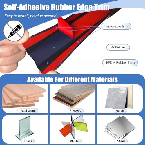 Rubber Edge Trim, Self-Adhesive Flexible Edge Protector for Plywood, Cabinet and Drawer, 3/4" Peel and Stick U Shaped Edge Banding for Wood, EPDM Material, Fit 0.75"(19mm), Length 10Ft