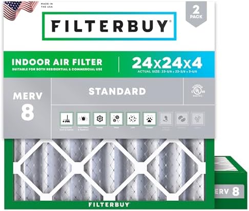 Filterbuy 24x24x4 Air Filter MERV 8 Dust Defense (2-Pack), Pleated HVAC AC Furnace Air Filters Replacement (Actual Size: 23.38 x 23.38 x 3.63 Inches)