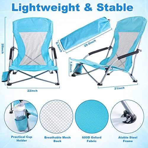 Huwena 2 Pack Beach Chair for Adult with 2 Umbrella Low Folding Chair Detachable Adjustable Lightweight with Armrests Cup Holder Carry Bag Portable for Sand Camping Travel Outdoor Pool (Blue)