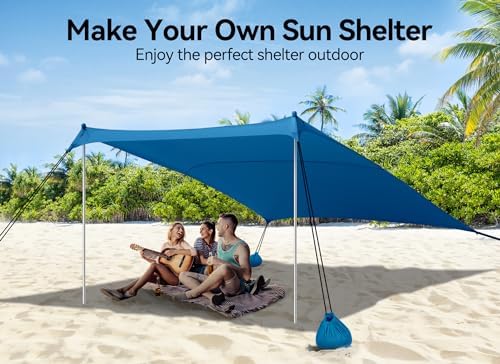 Beach Tent, Camping Sun Shelter 10 x 10ft, with 4 Sandbags, UPF50+, Includes Sand Shovel, Ground Pegs & Stability Poles, Pop Up Beach Canopy Sunshade for Fishing, Backyard Fun or Picnics (Navy Blue)