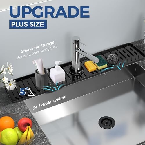 24" Splash Guard Plus Size Silicone Sink Faucet Drying Mat Handle Drip Catcher Tray Dish Sponge Holder Kitchen Accessories Protector Home Organization Gadgets Organizer