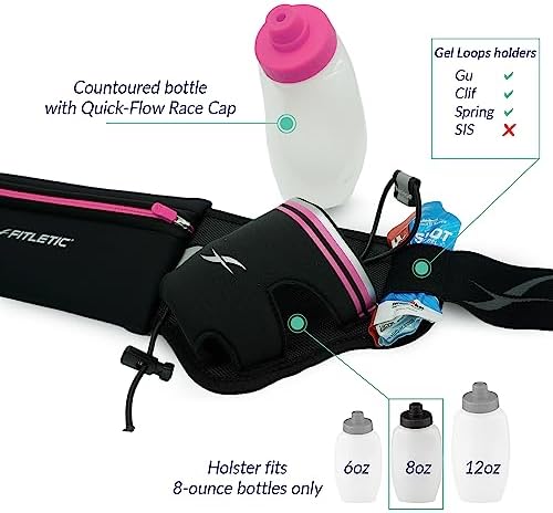 Fitletic Hydration Running Belt with Water Bottles for Men & Women – 2 Quick Flow 8oz Running Water Bottles, Patented Bounce Free Design, Water Resistant Pouch Fits All Phones – Hydra 16