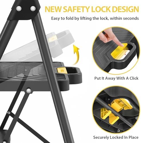 KINGRACK 4 Step Ladder, Sturdy Steel Step Stool with Anti-Slip Wide Pedals, Handrail, Safe-Lock Design, Pass 800lbs Load Testing, Folding Portable Ladder for Multi-Purpose, Home, Kitchen, Black