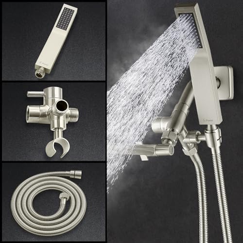 G-Promise All Metal 8 Inch Dual Square Shower Head with Handheld Combo, Rain Shower Head, Adjustable Extension Arm, Smooth 3-Way Diverter, 71 Inch Extra Long Hose - A Bathroom Upgrade (Brushed Nickel)
