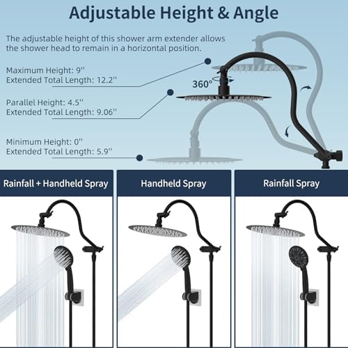 Hibbent All Metal Shower Head, 10'' High Pressure Rainfall Shower Head, Handheld Showerhead Combo, 12'' Adjustable Curved Extension Arm, 7 Sprays, 71'' Shower Hose, Showerhead Holder, Matte Black