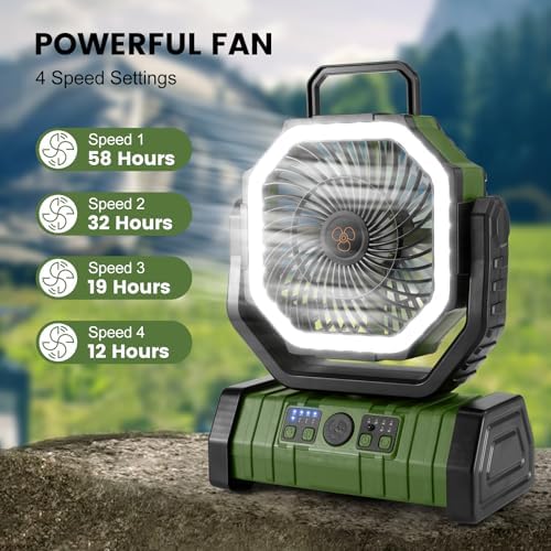 Odoland 30000mAh Camping Fan with LED Lantern, Rechargeable Battery Operated Oscillating with Remote Hook Stroage Bag, Portable Tent Fan with Timer, 4 Speeds for Outdoor RV Jobsite Power Outage, Green