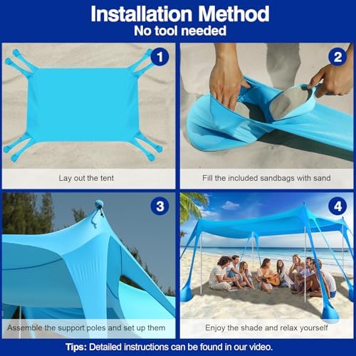 Rhino Valley Beach Tent Sun Shelter, Beach Canopy Tent Sun Shade UPF50+ Protection with 8 Sandbags 4 Stability Poles, Outdoor Beach Shade Canopy for Beach, Camping, Fishing