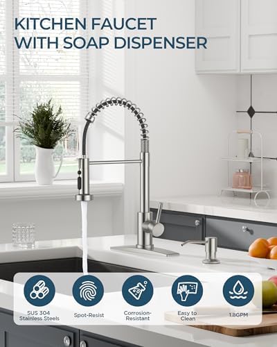 FORIOUS Kitchen Faucet with Soap Dispenser, Burhsed Nickel Stainless Steel Single Handle Modern Spring Commercial Sink Faucet with Pull Down Sprayer for RV Camp Bar Farmhouse