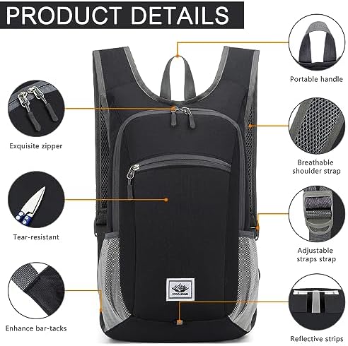 Esup 15L Lightweight Hiking Backpack Foldable Small Travel Backpack Packable Camping Backpack for Women Men (Black)