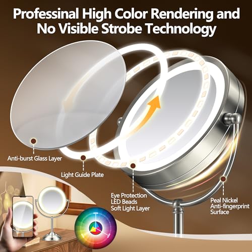20x Large Lighted Makeup Mirror, Rechargeable 8.6" Magnifying Makeup Mirror, 30-Minute Timer,3 Color Modes, Adjustable Brightness, No Assembly Required, 360° Rotation Cosmetic Mirror, Pearl Nickel